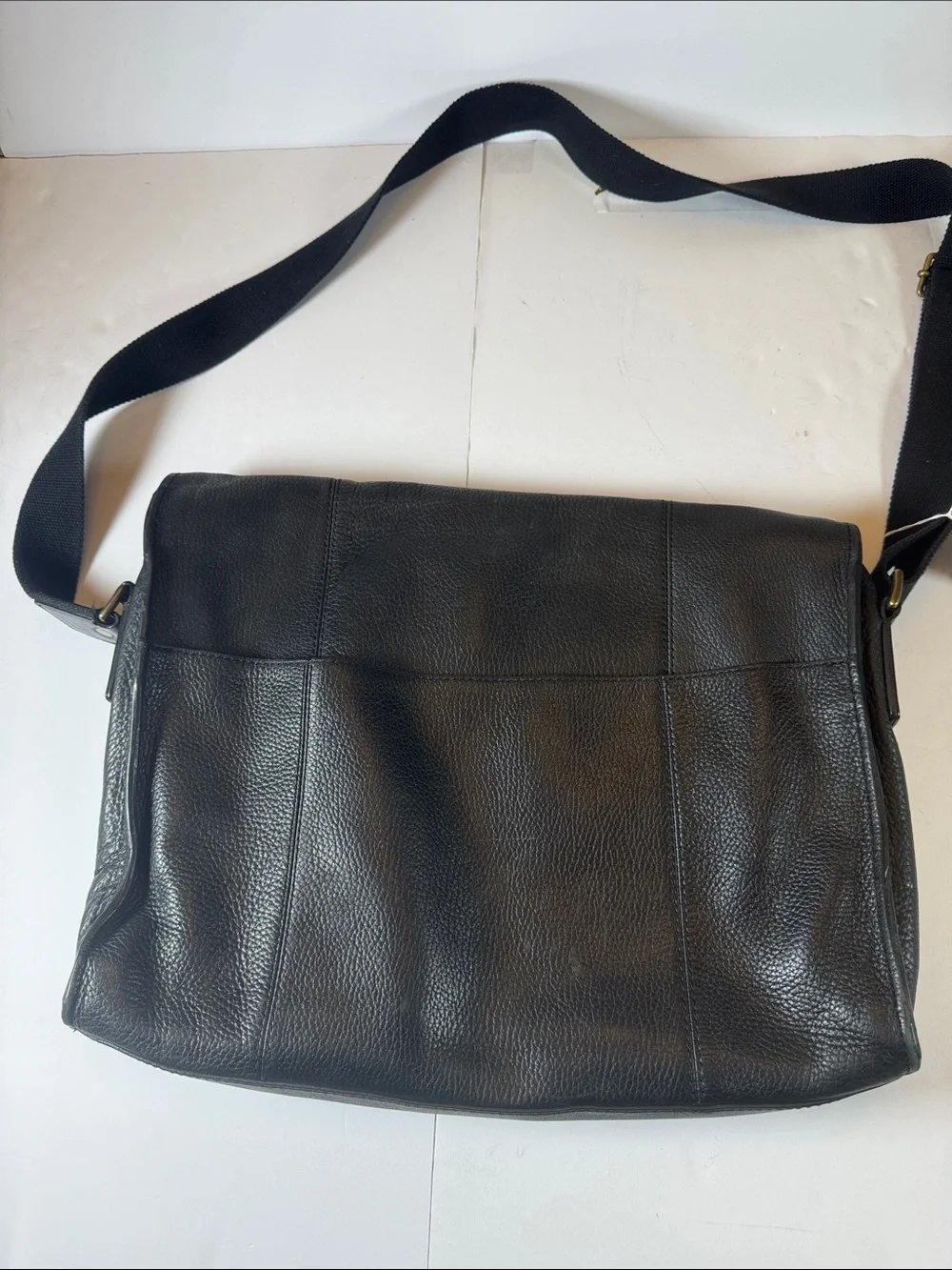 Cole Haan Black Leather Messenger Bag with Brass Accents